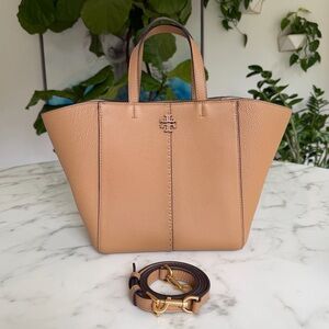 Tory Burch McGraw Carryall Tote Crossbody Bag Tiramisu Camel Tan Leather